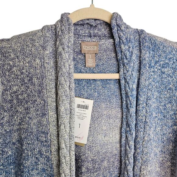 Chicos Tarin Spacedye Sweater Cardigan Cable Knit Trim Open Front Size 1 Whimsy - Picture 2 of 9